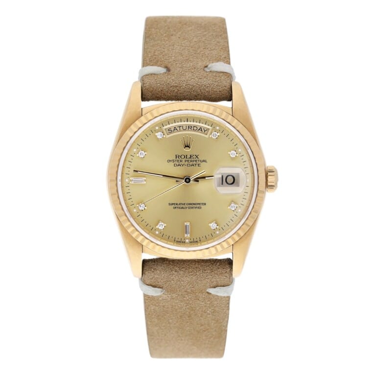 Rolex Day-Date 36mm 18238 18K Yellow Gold Watch Fluted Bezel Champagne Diamond