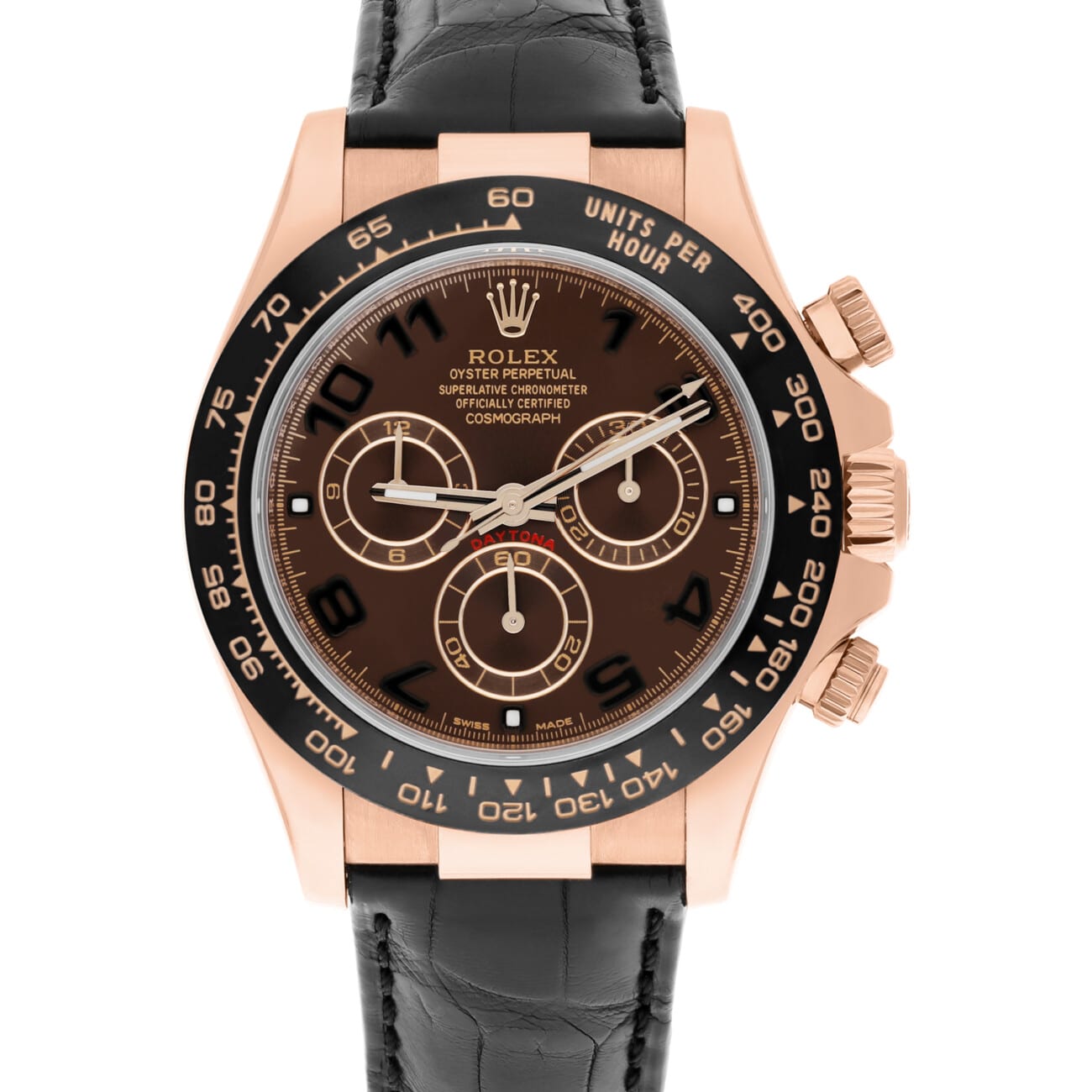 Rolex Daytona 18k Rose Gold Chocolate Arabic Dial Leather Band 40mm Watch 116515