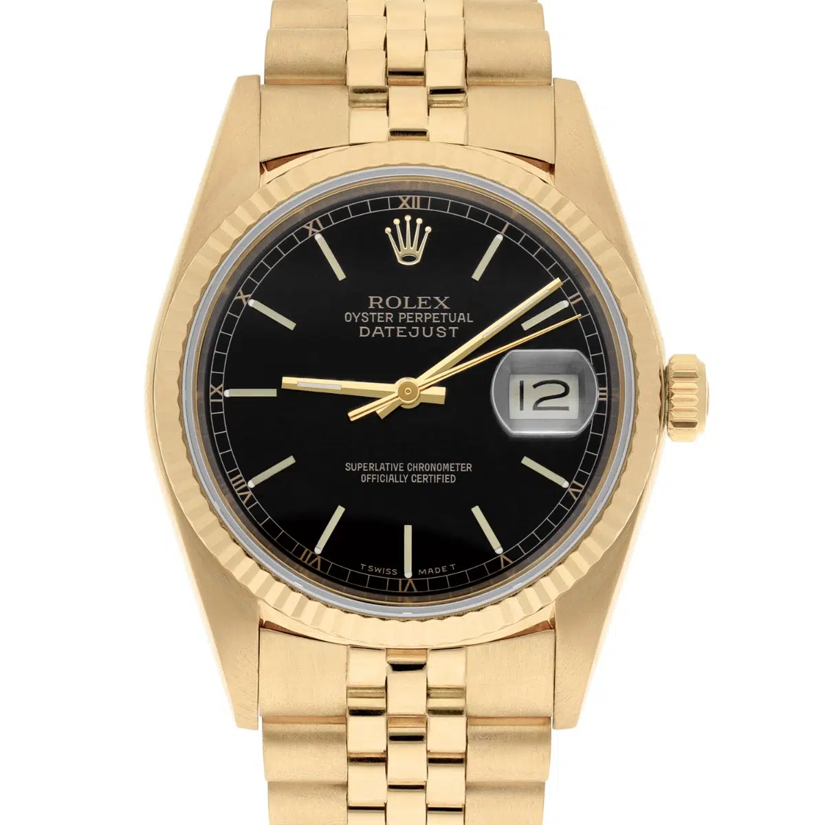 Rolex Datejust 18k Yellow Gold Black Dial Jubilee Mens 36mm Watch 16018