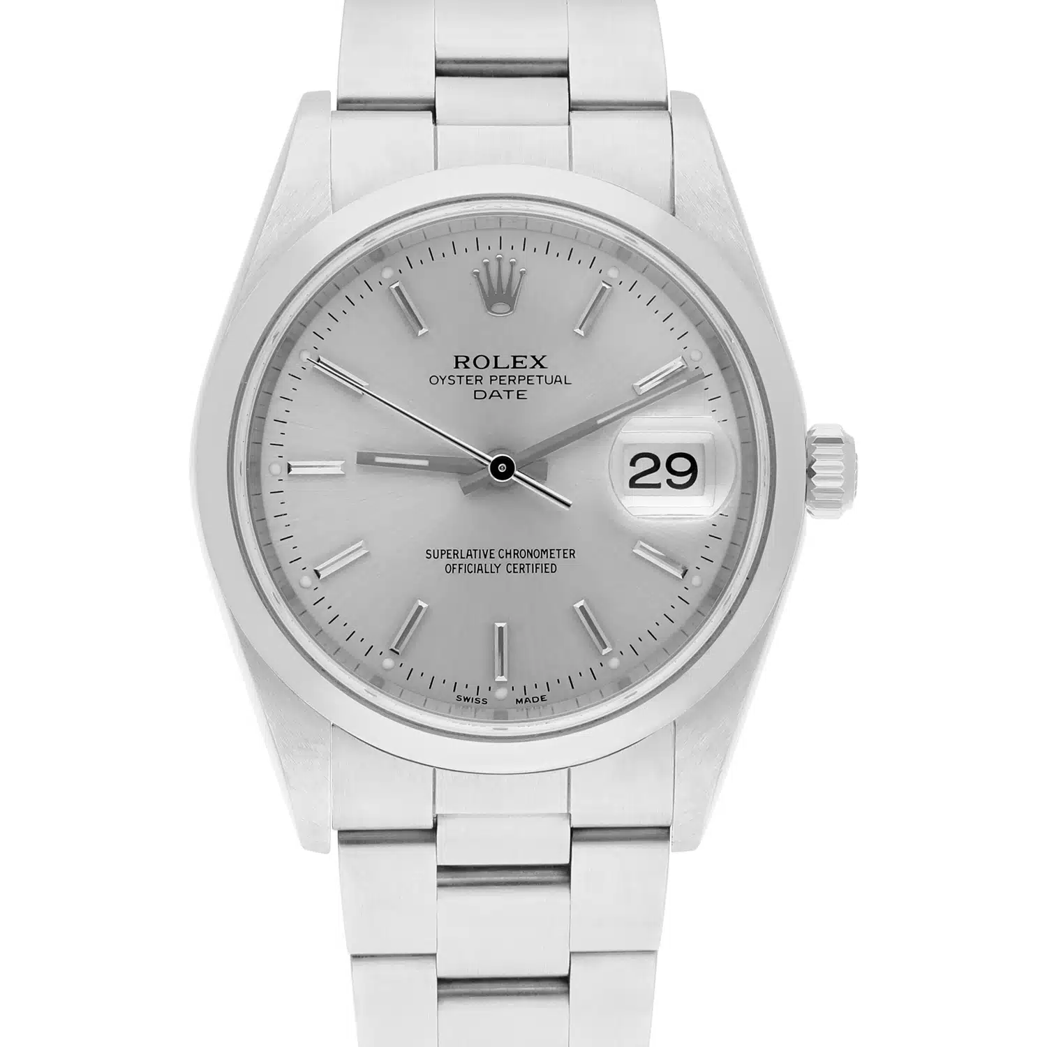 Rolex Date 34mm Stainless Steel Watch Oyster Band Silver Dial Circa 15200 - 1997