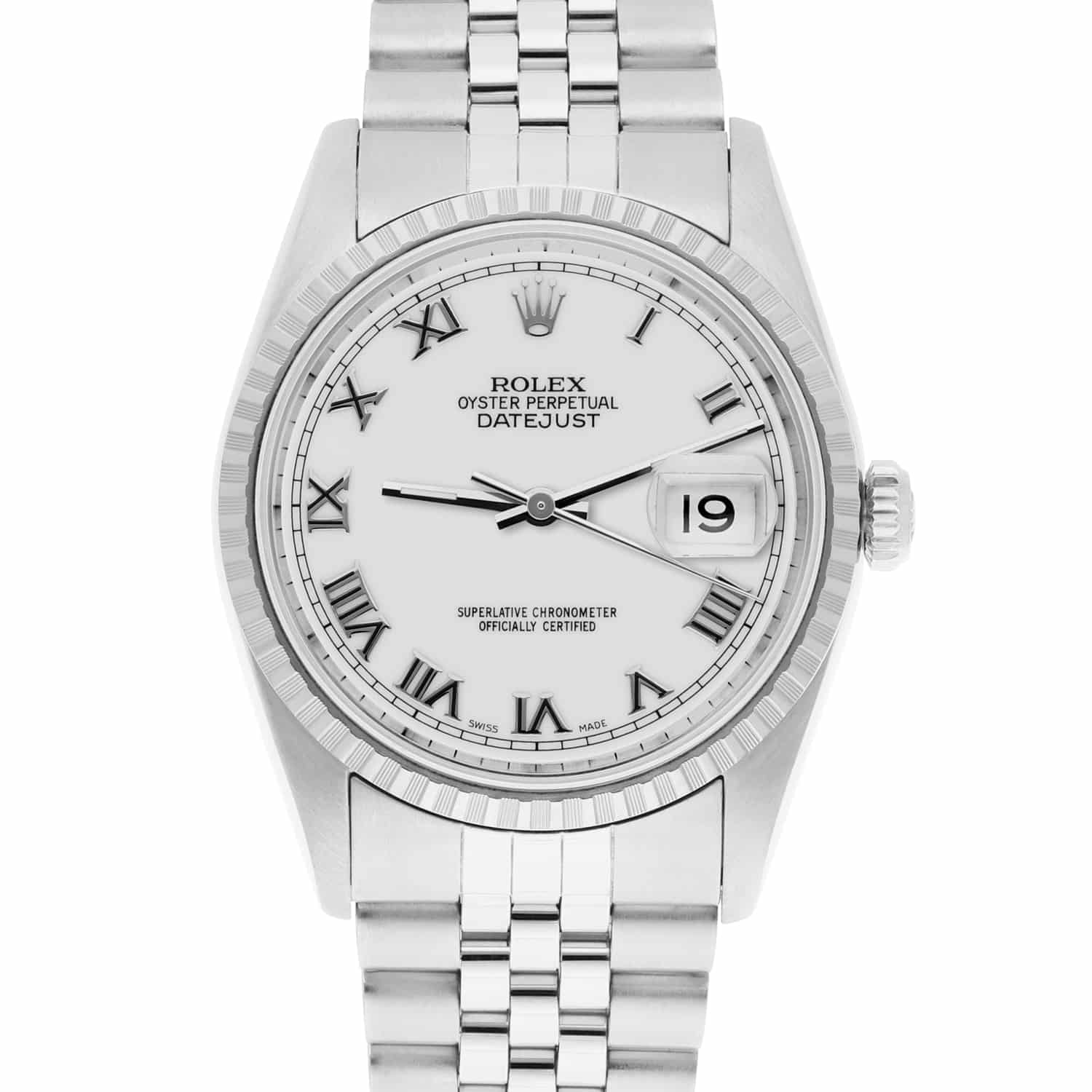 Rolex Datejust 36mm Stainless Steel Watch White Roman Dial 16220 Circa 2000