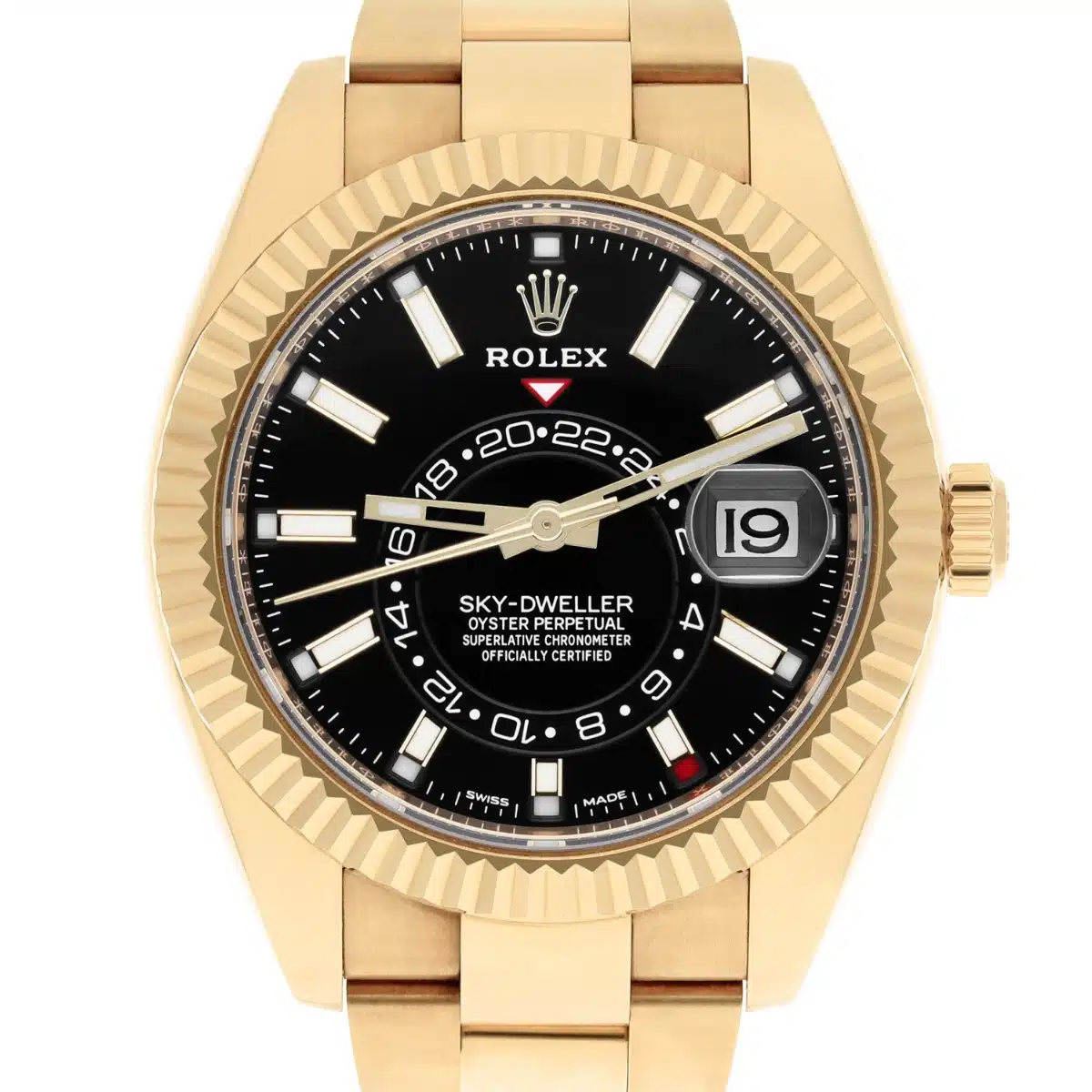 Rolex Sky-Dweller 42mm Oyster 326938 Yellow Gold Watch Black Index Dial Never Worn