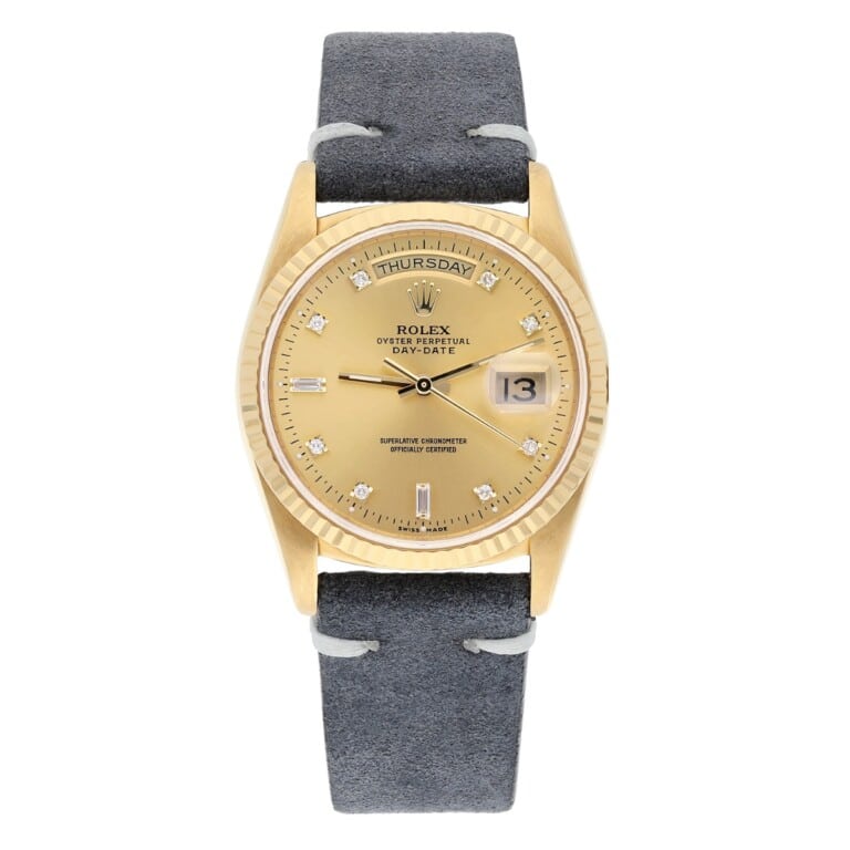 Rolex Day-Date 18238 36 mm 18K Yellow Gold Watch Fluted Bezel Champagne Diamond