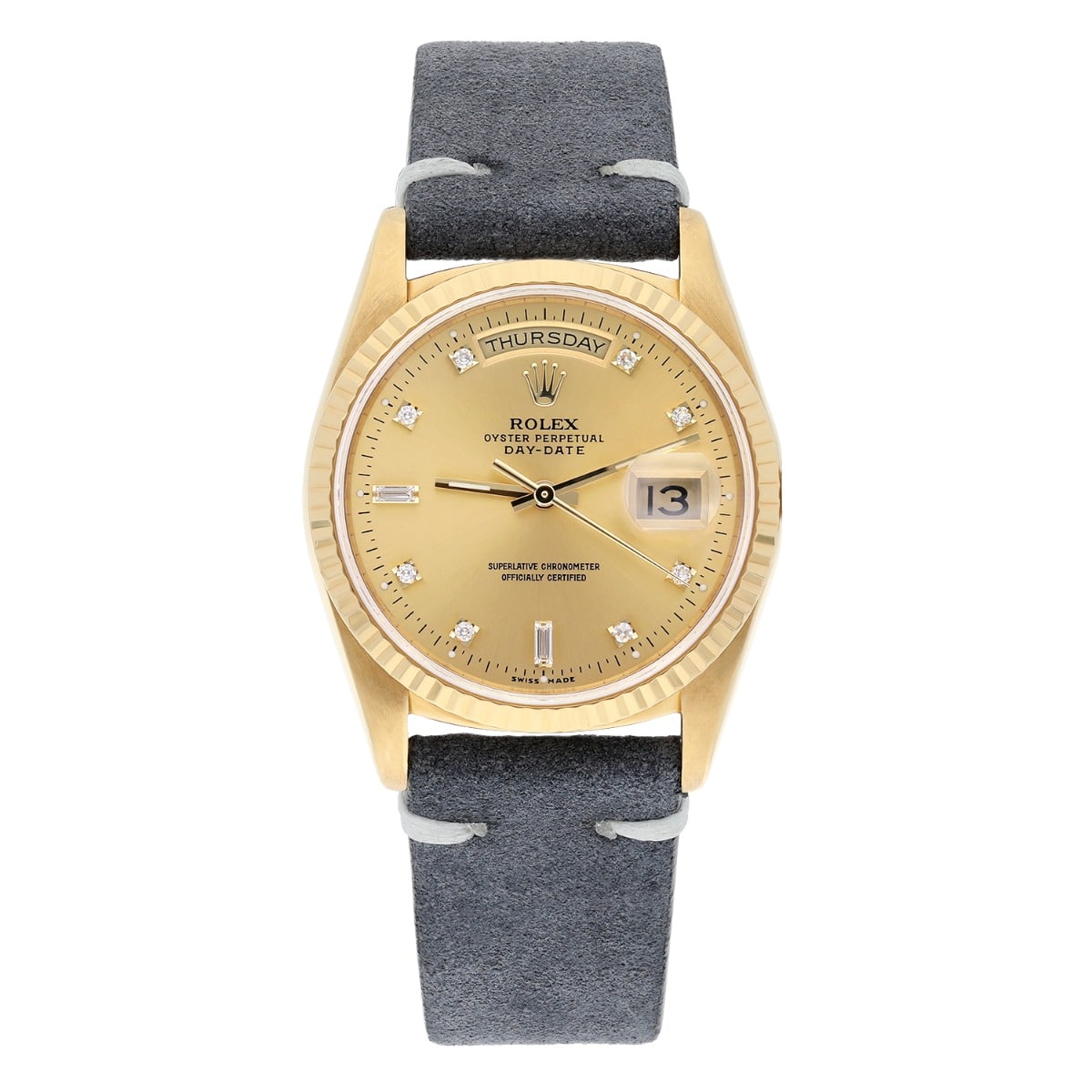 Rolex Day-Date 18238 36 mm 18K Yellow Gold Watch Fluted Bezel Champagne Diamond