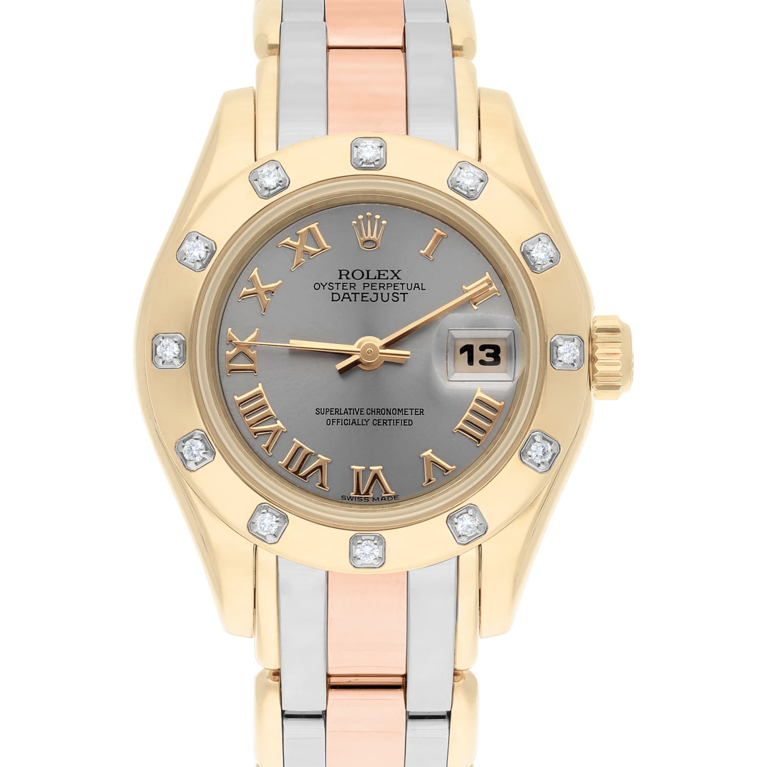 Rolex Lady-Datejust Tridor Pearlmaster 18K Rose/Yellow/White Gold 29mm Ladies Box Papers 69318