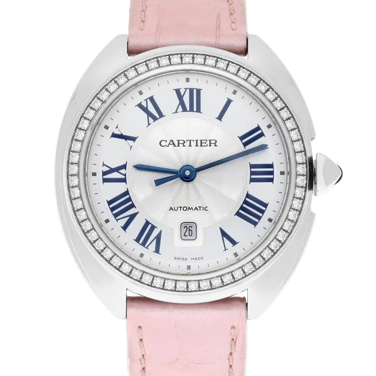 Cartier Cle de Cartier silver guilloche dial diamond bezel watch, pink alligator strap