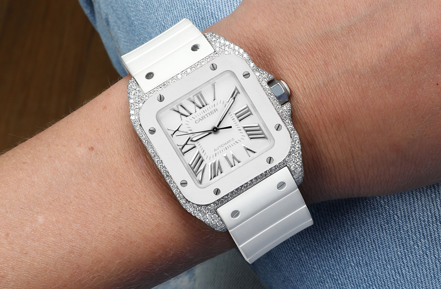 Cartier Santos 100 Staniless Steel 33mm Diamond Watch White Rubber Strap #2878