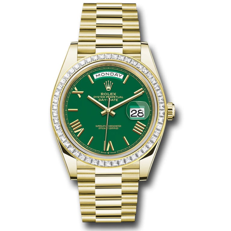 Rolex Day Date 228398tbr-0039 Yellow Gold with Baguette Bezel Watch Green Roman Dial 2024