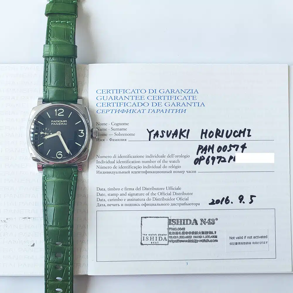 Panerai Radiomir 42mm PAM00574 Stainless Steel With Green Leather Watch Black Dial – image 2