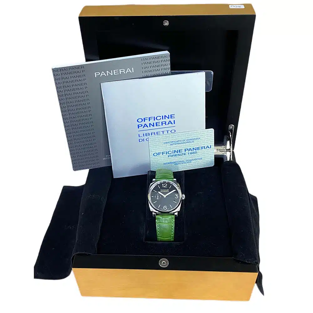 Panerai Radiomir 42mm PAM00574 Stainless Steel With Green Leather Watch Black Dial – image 6