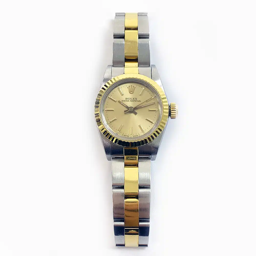 Rolex Oyster Perpretual 26mm 67193 Stainless Steel & Yellow Gold Watch Champagne Index Dial – image 2