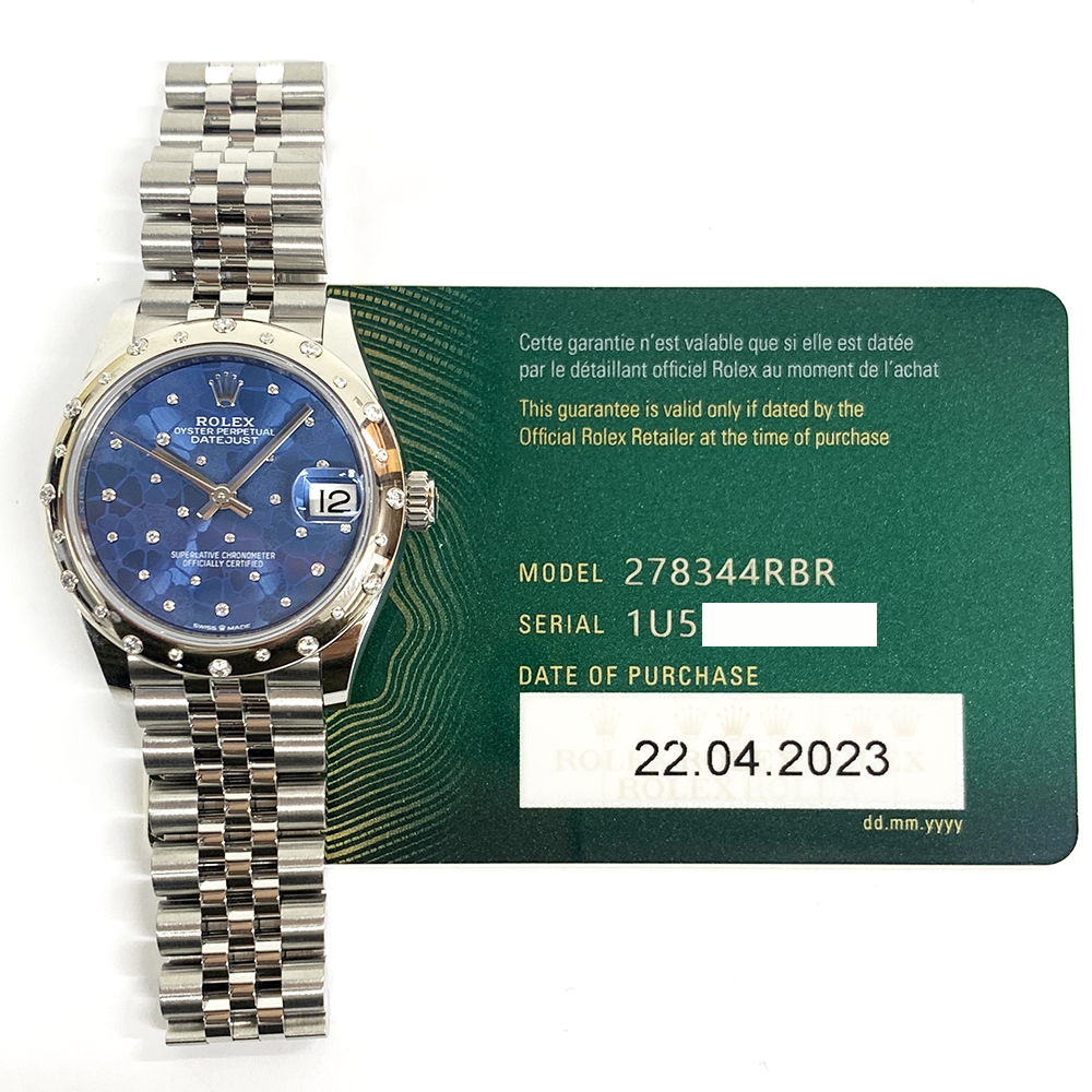 Rolex Datejust 31mm 278344RBR-0038 Stainless Steel Jubilee Watch Blue Flower Diamond Dial MINT 2023