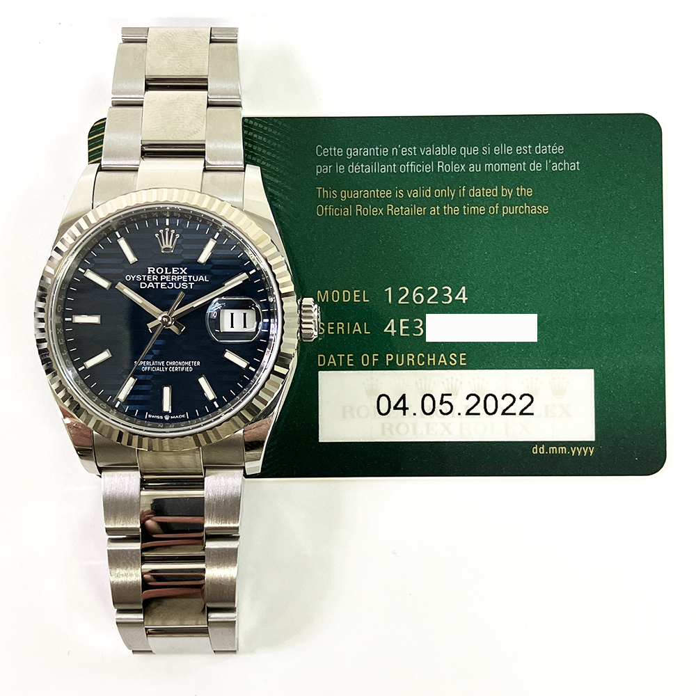 Rolex Datejust Blue Fluted Index Dial 36mm 126234-0050 Stainless Steel Oyster Bracelet MINT 2022