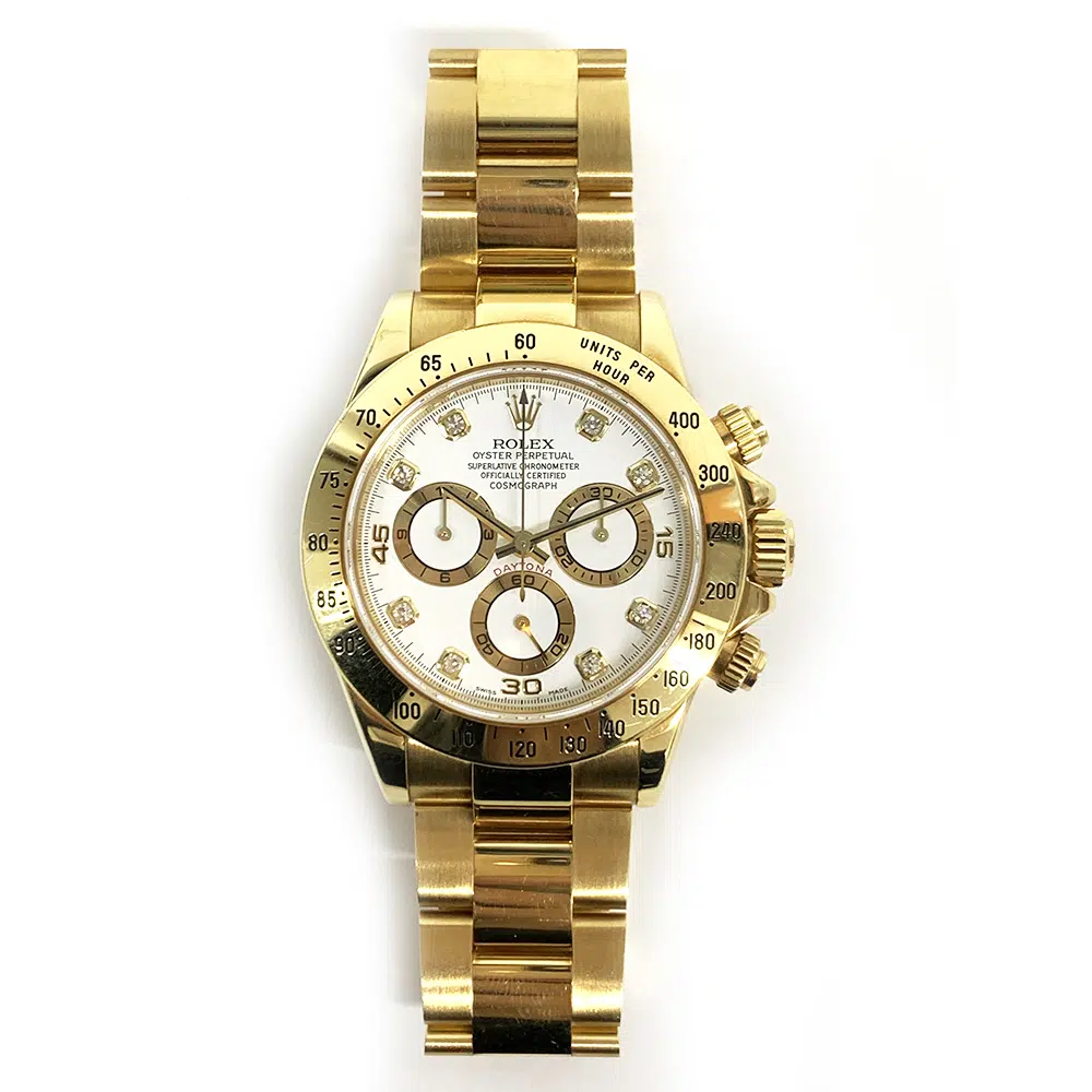 Rolex Cosmograph Daytona 40mm 116528 Oyster Yellow Gold Watch White Diamond Dial