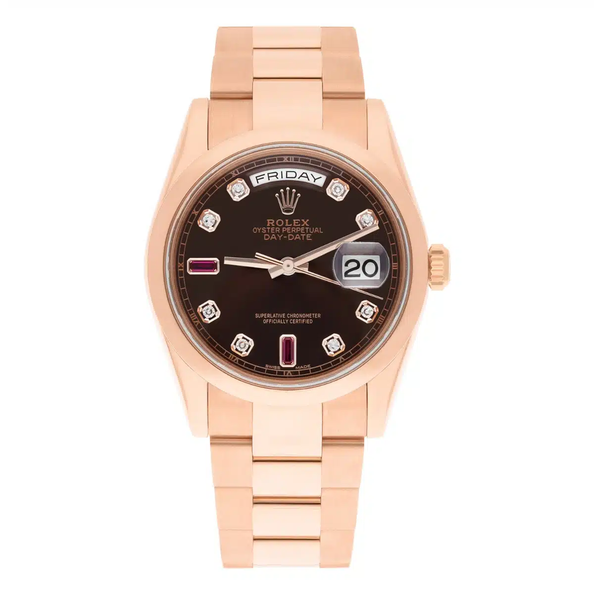 Rolex Day-Date 36 Ruby Baguette Diamond Dial 18k Rose Gold Watch 118205 – image 2