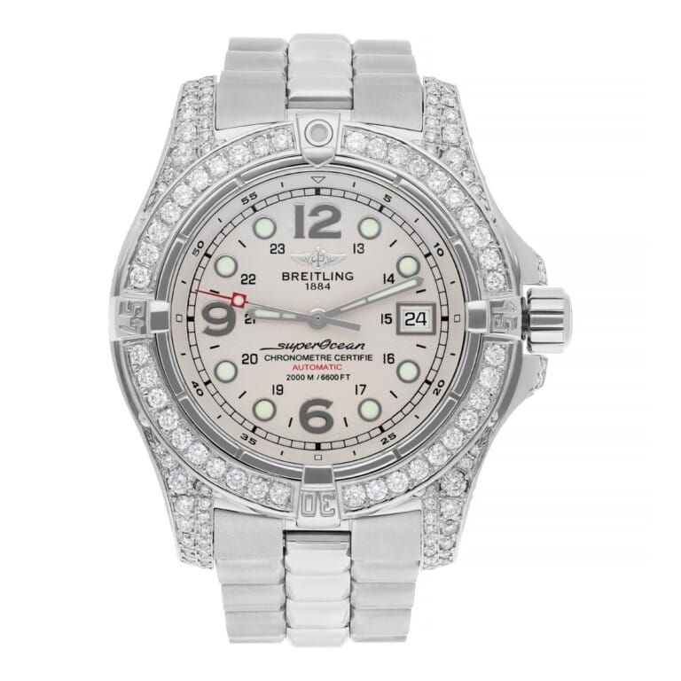 Breitling Super Ocean Mens 44mm Custom Diamond Stainless Steel Watch A44360