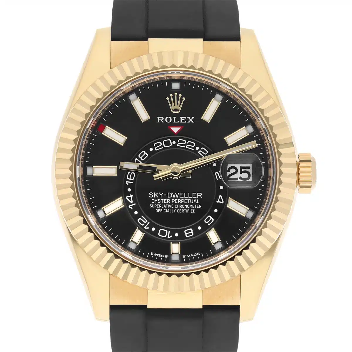 Rolex Sky-Dweller 336238 Yellow Gold With Black Rubber Watch Black Index Dial