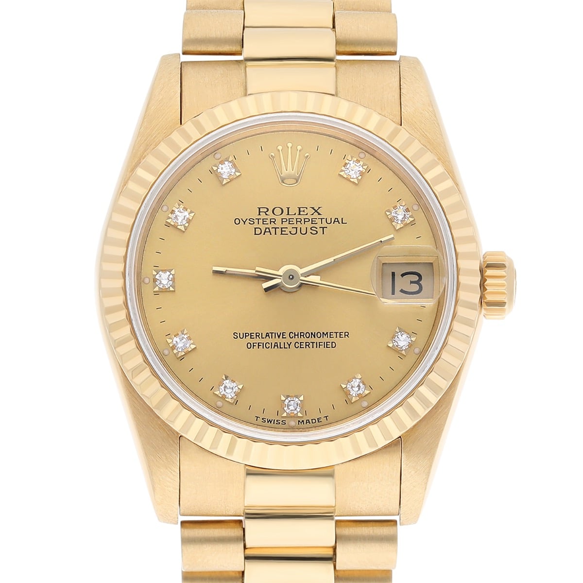 Rolex 31mm 18kt Gold Datejust Presidential Champagne Diamond Dial Midsize 68278