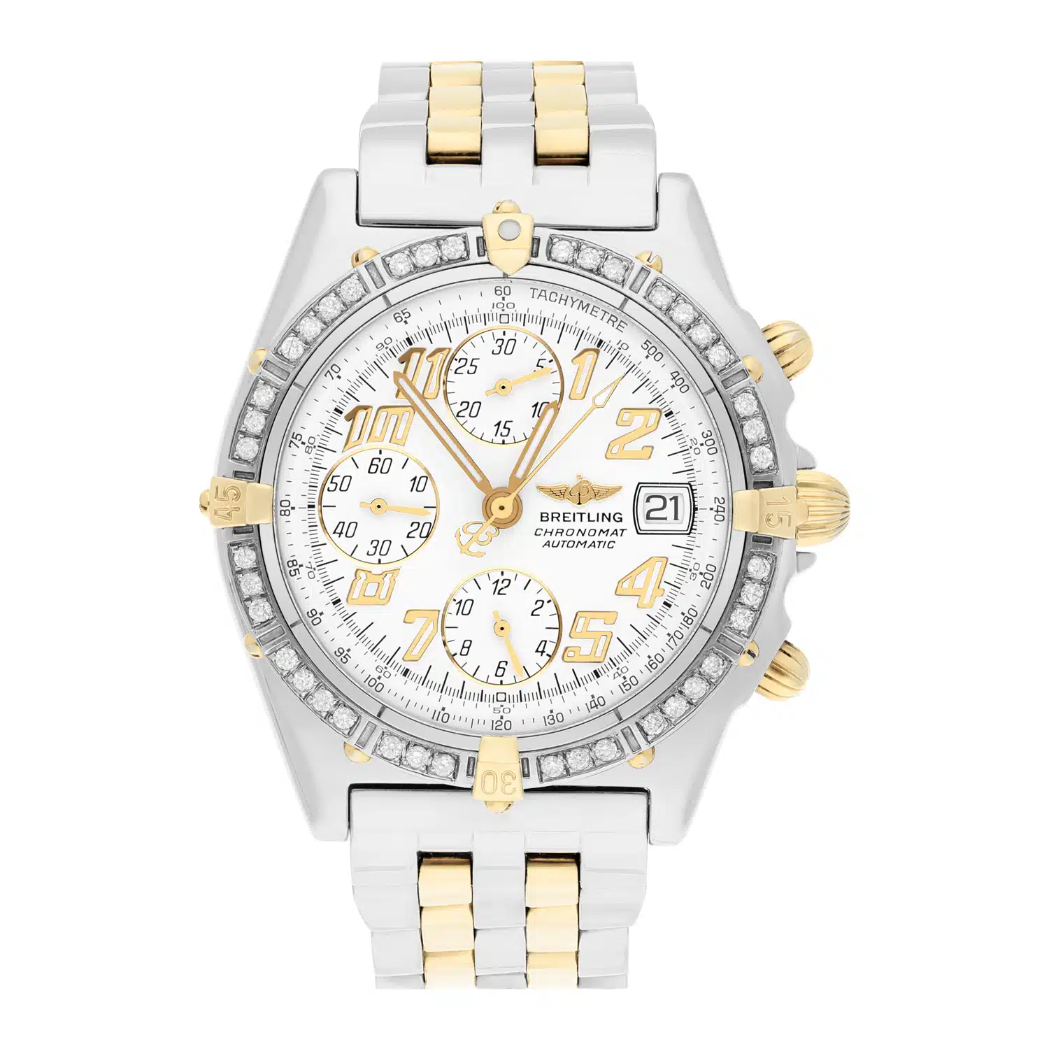 Breitling Blackbird Chronomat White Dial 39MM Steel & 18K Yellow Gold B13350 Diamond Bezel – image 2