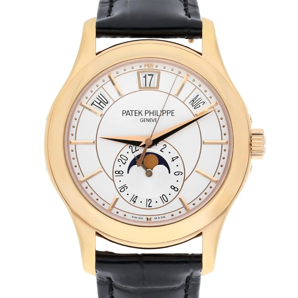 Patek Philippe Complications 5205R-001 rose gold watch, moonphase dial detail