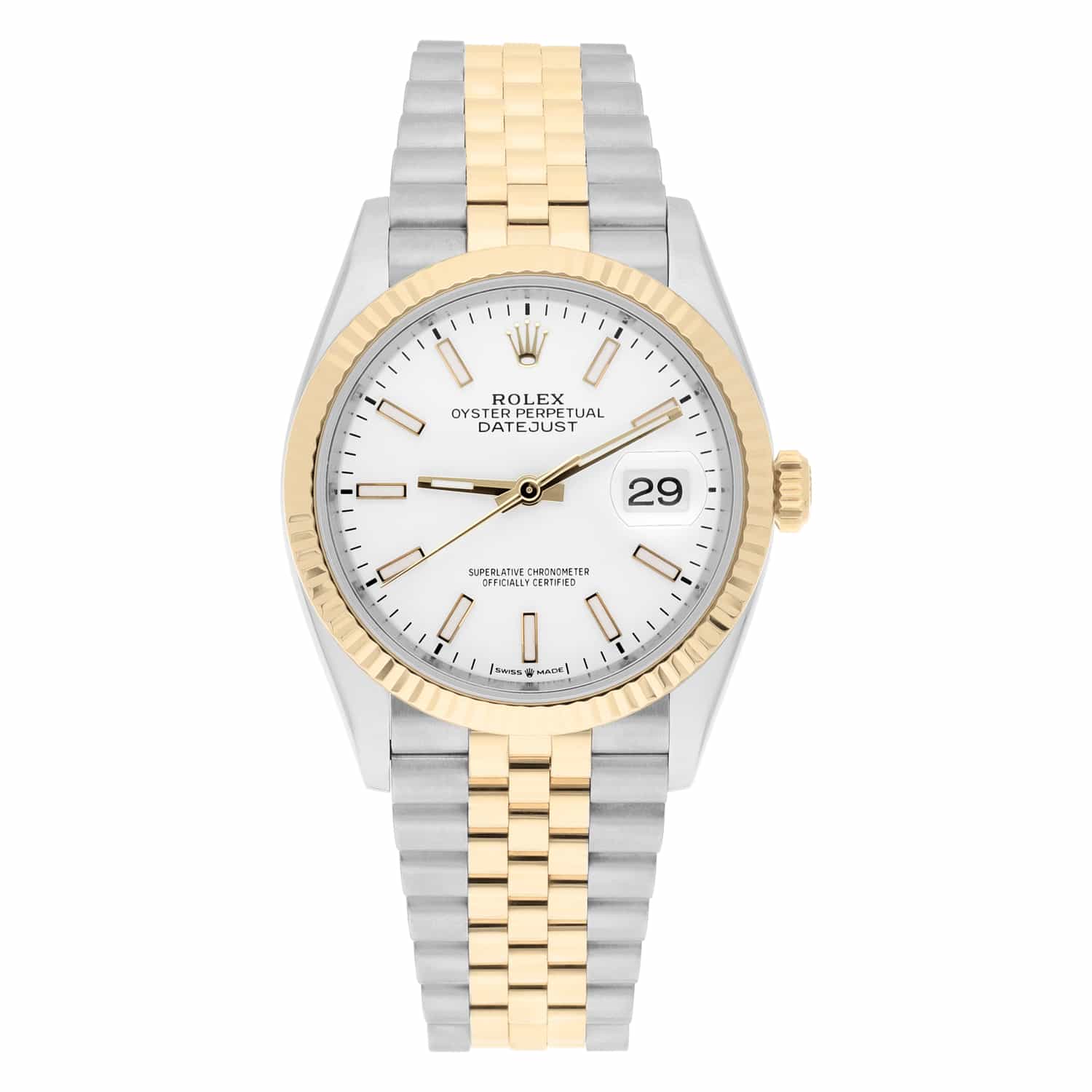 Rolex Datejust 36 18K Yellow Gold Fluted Bezel White Index Dial Jubilee Stainless Steel 126233 - 2020