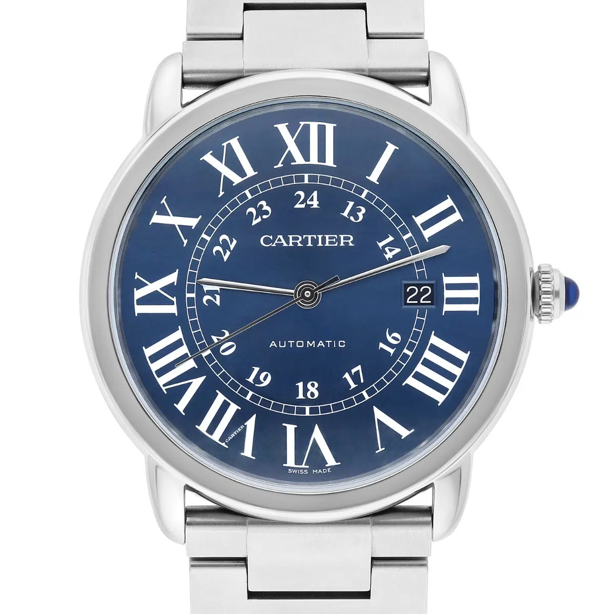 Cartier Ronde Solo XL blue dial stainless steel automatic watch, front view