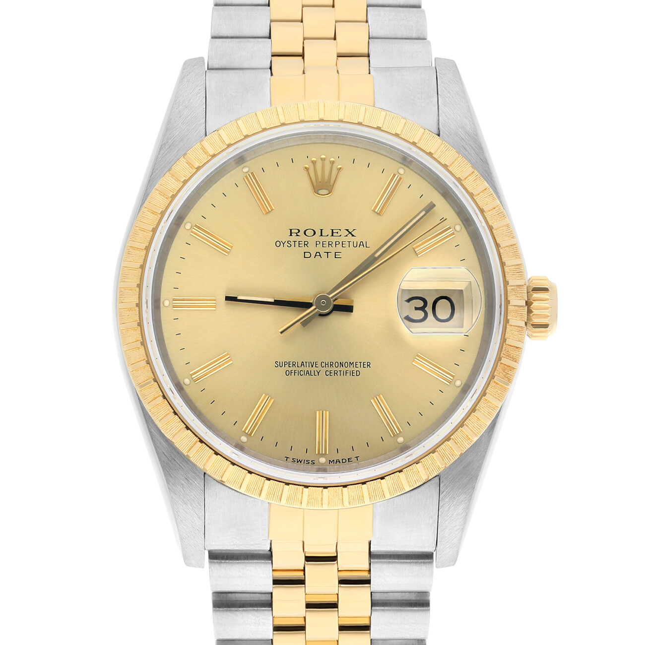 images Rolex Date 15223 Steel Yellow Gold Watch Engine Turned Bezel Champagne Dial 1991