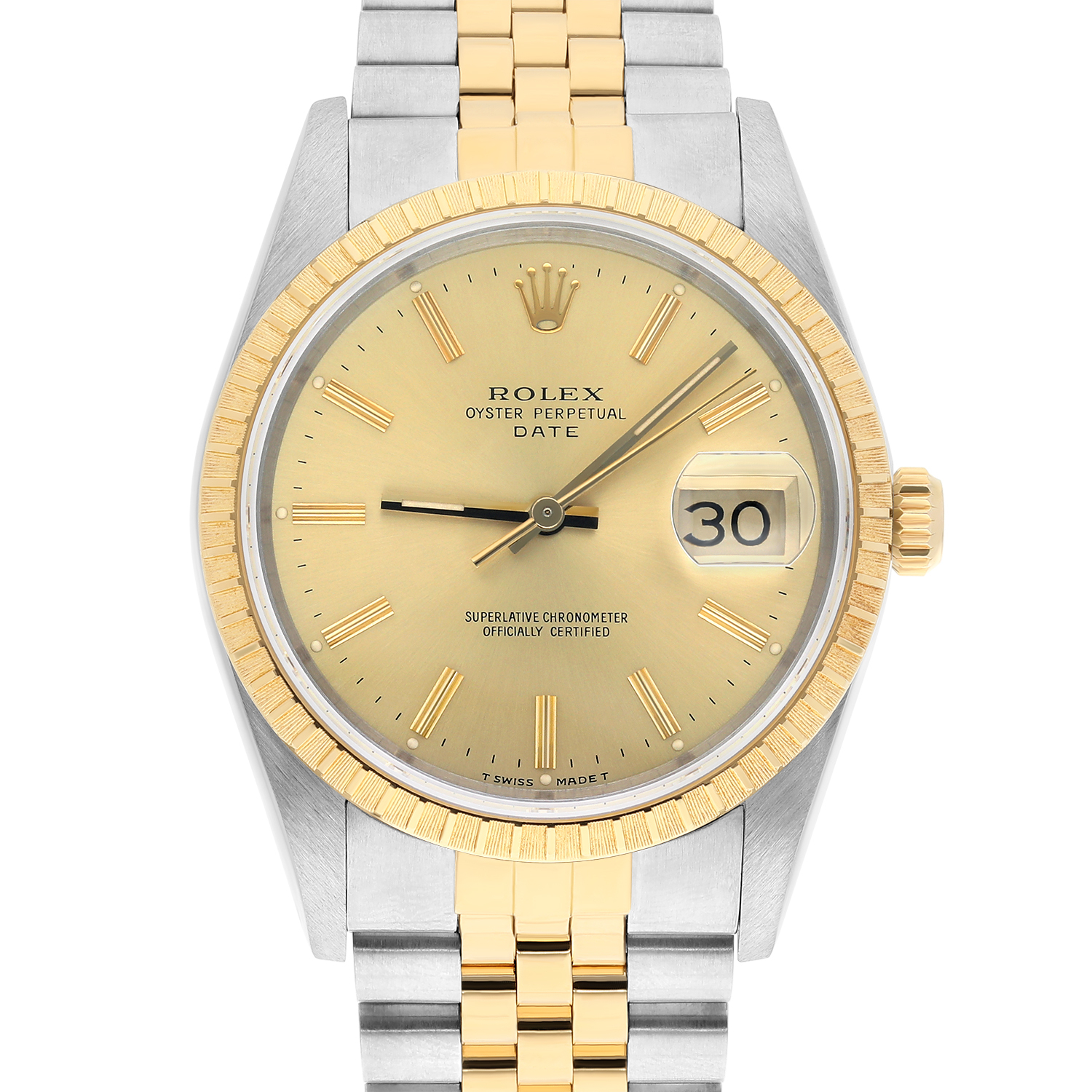 Rolex Date 15223 Steel Yellow Gold Watch Engine Turned Bezel Champagne Dial 1991