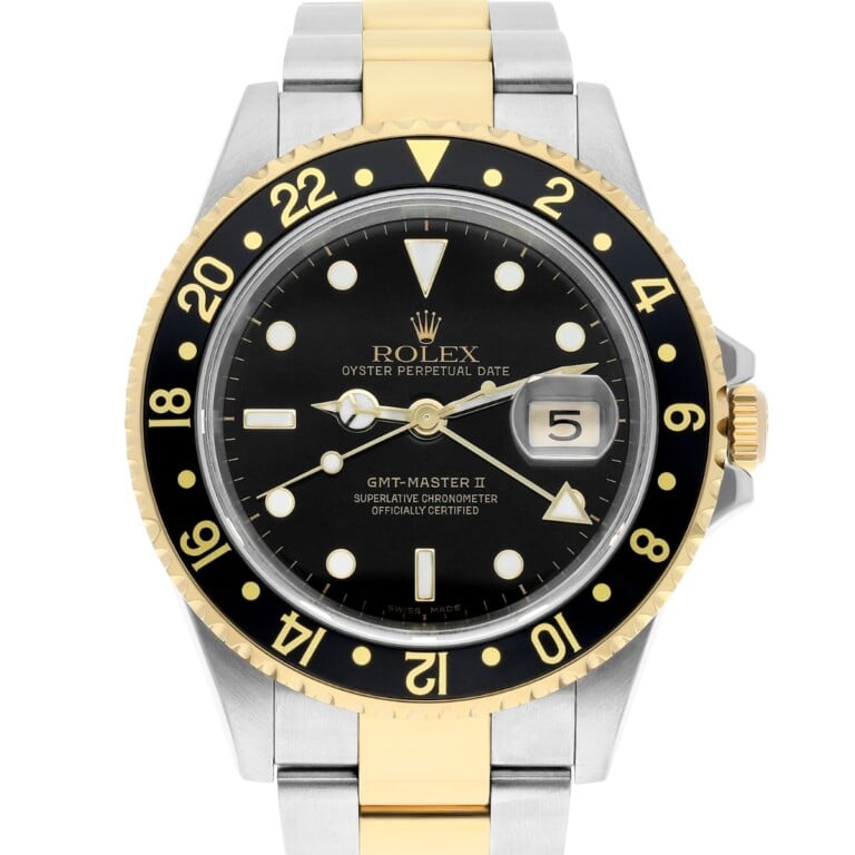 Rolex GMT Master II Black Dial Yellow Gold Steel Mens Watch 16713 Complete 2008
