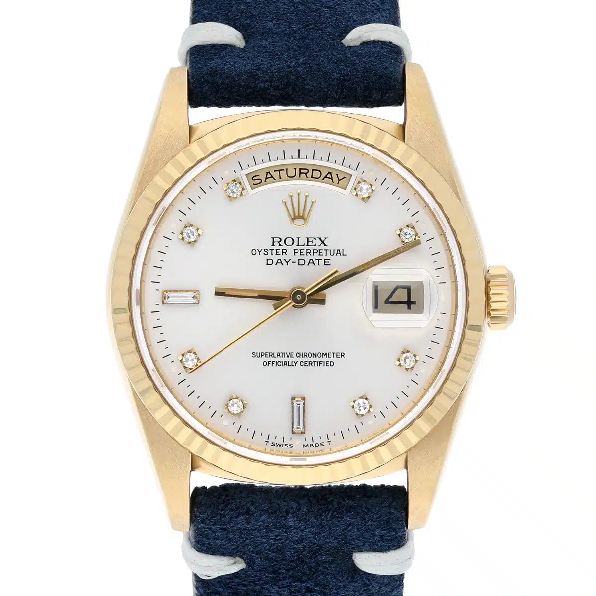 Rolex Day-Date 36 18238 18K Yellow Gold Watch Fluted Bezel Silver Diamond Face