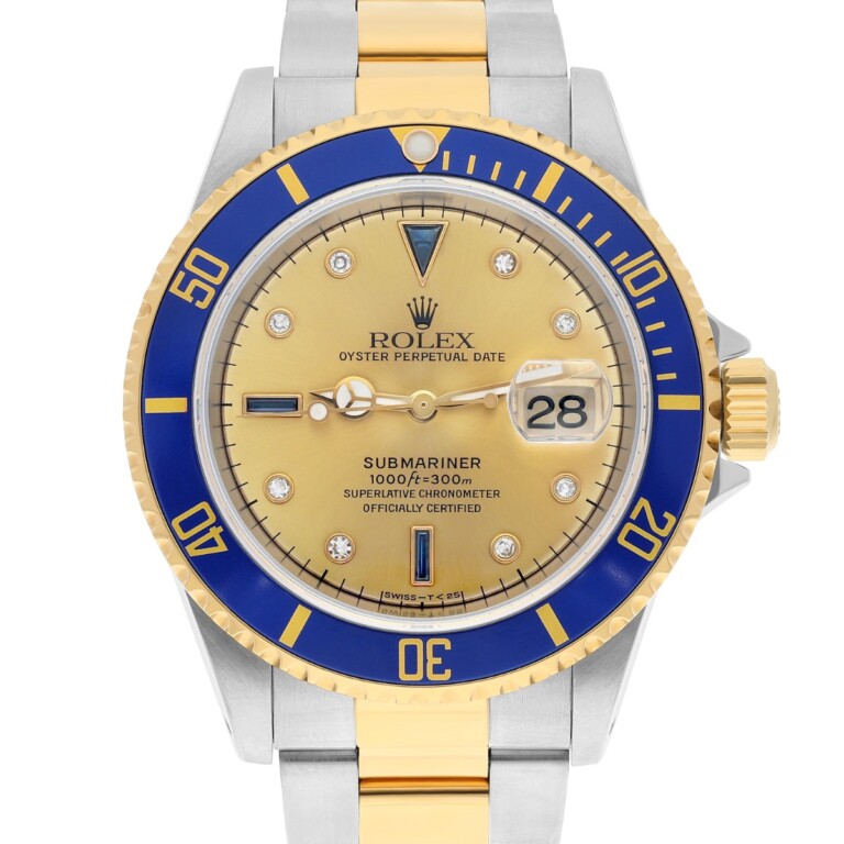 Rolex Submariner 18k Yellow Gold/Steel Serti Gold Diamond Dial Mens Watch 16613