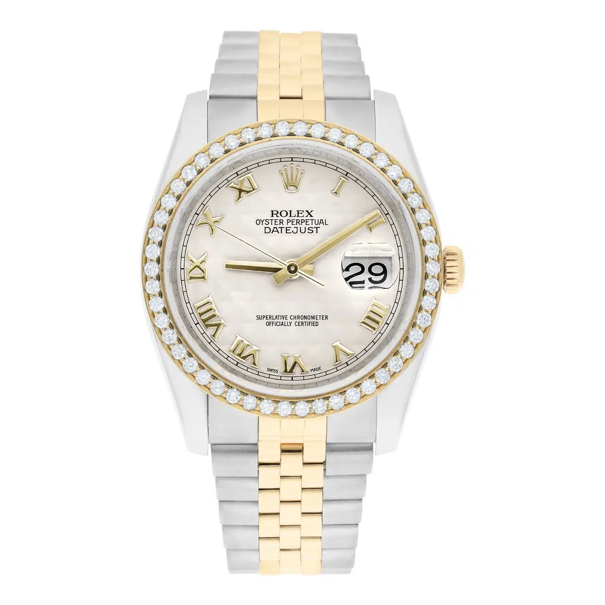 Rolex Datejust 36 Diamond Gold and Steel 116233 Ivory Pyramid Dial Jubilee Watch