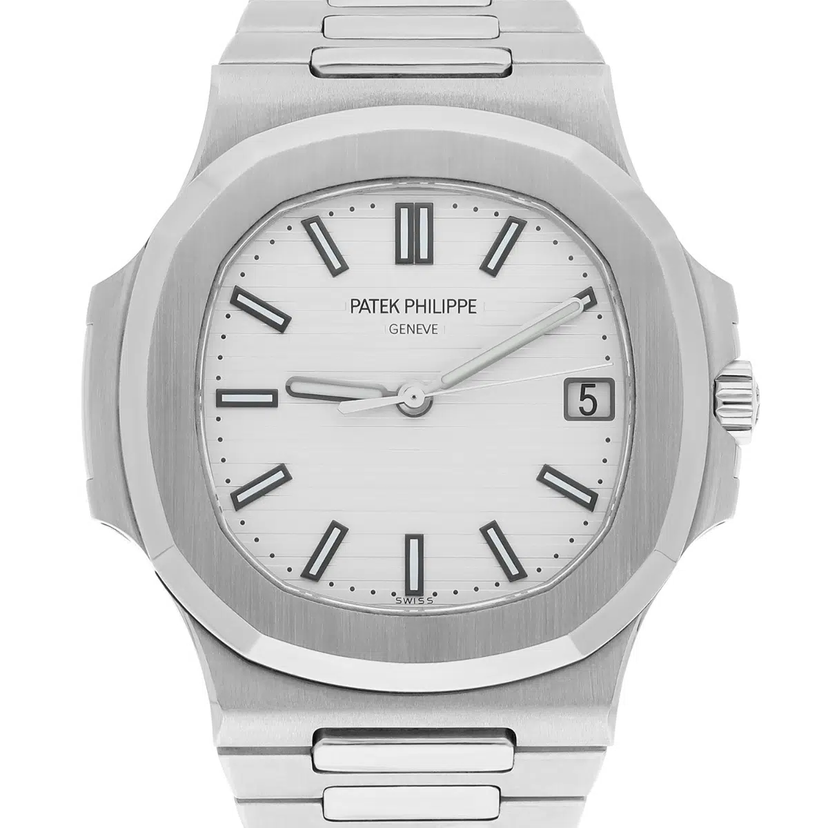 Patek Philippe Nautilus 5711/1A-011 stainless steel watch, white dial detail