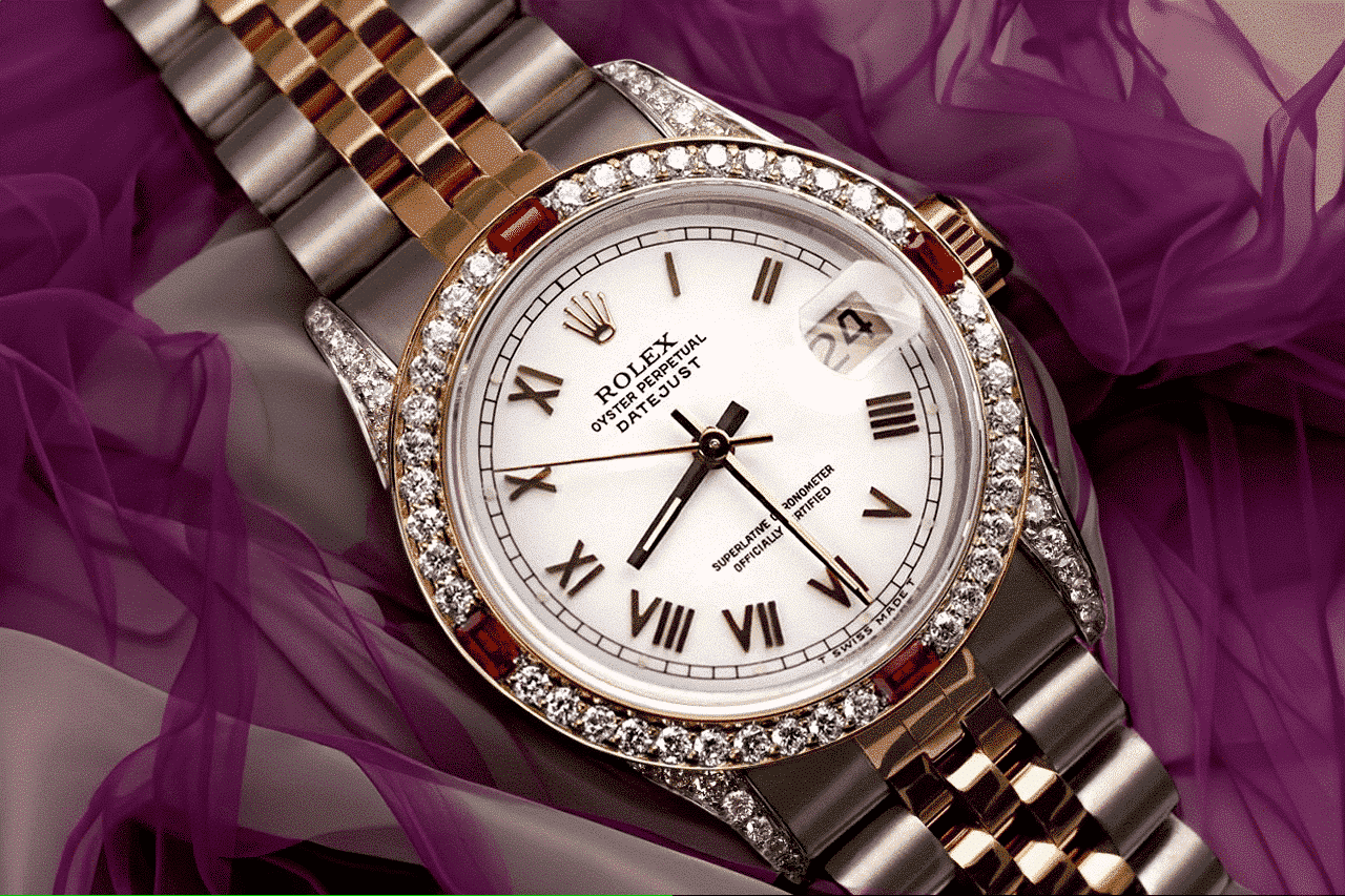 Rolex Datejust 31 mm Ladies Watch White Roman Dial Ruby & Diamond Bezel 68273