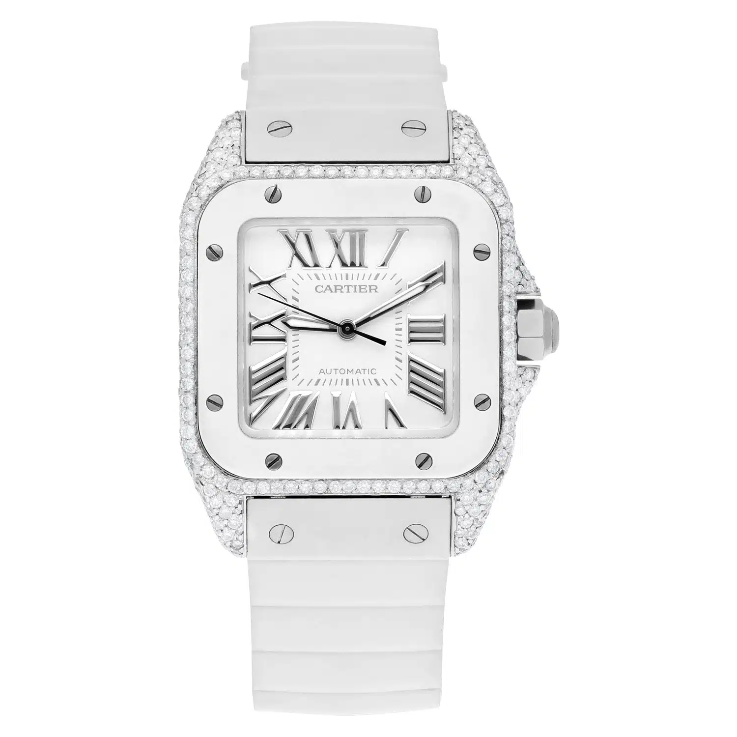 Cartier Santos 100 Staniless Steel 33mm Diamond Watch White Rubber Strap #2878 – image 2