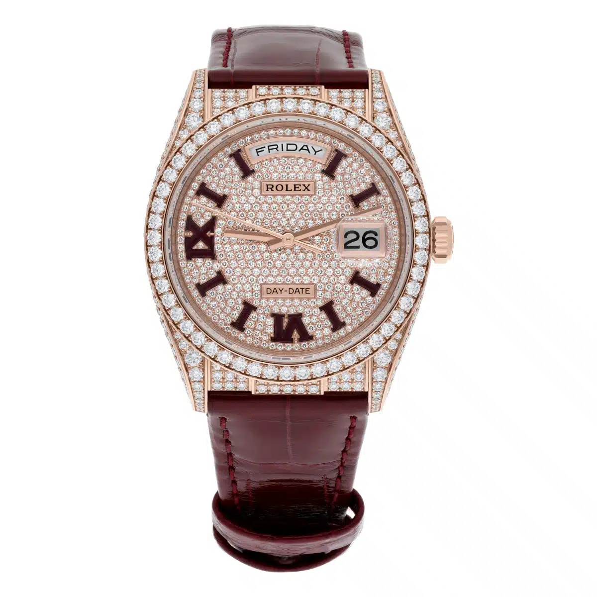 Rolex DayDate 36mm 128155RBR 18K Rose Gold Diamond Bezel Pave Diamond Roman Dial – image 2