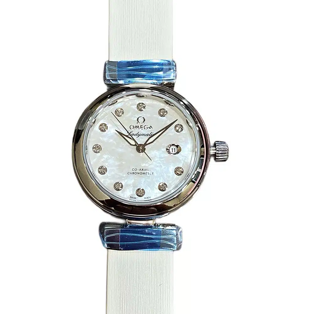 Omega De Ville Ladymatic Mother of Pearl 425.32.34.20.55.002 Stainless Steel with White Leather Watch – image 2