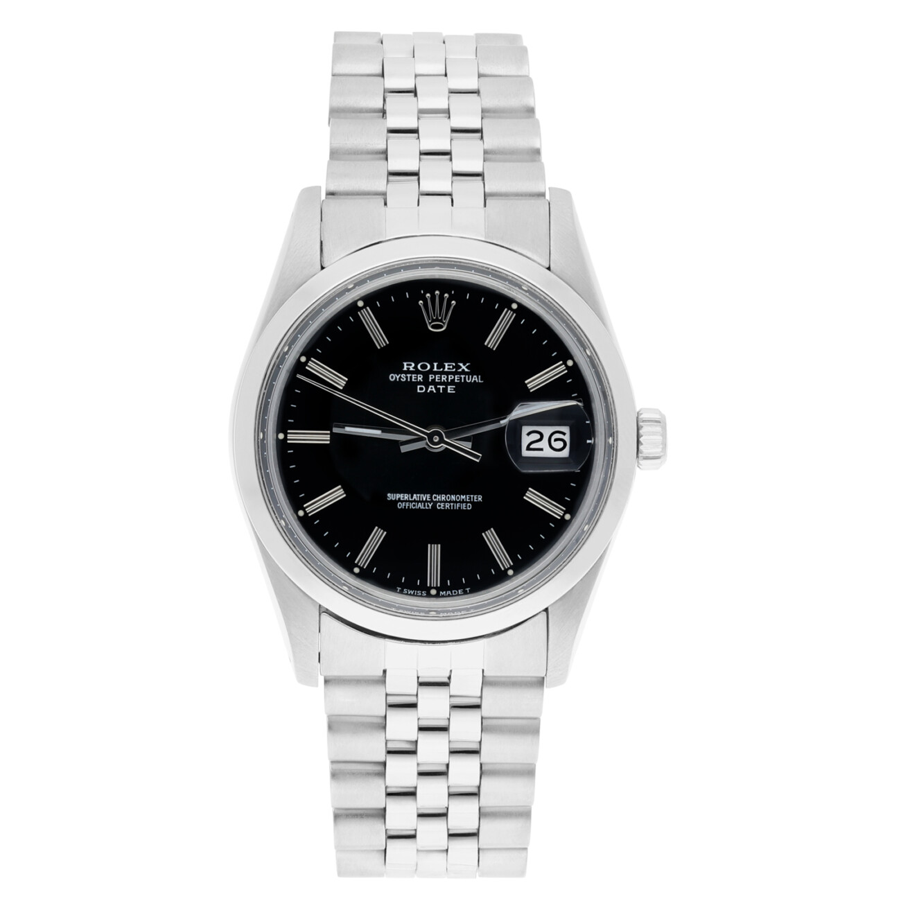 Rolex Oyster Perpetual Date Stainless Steel Watch Jubilee Band Black Index Dial 15000