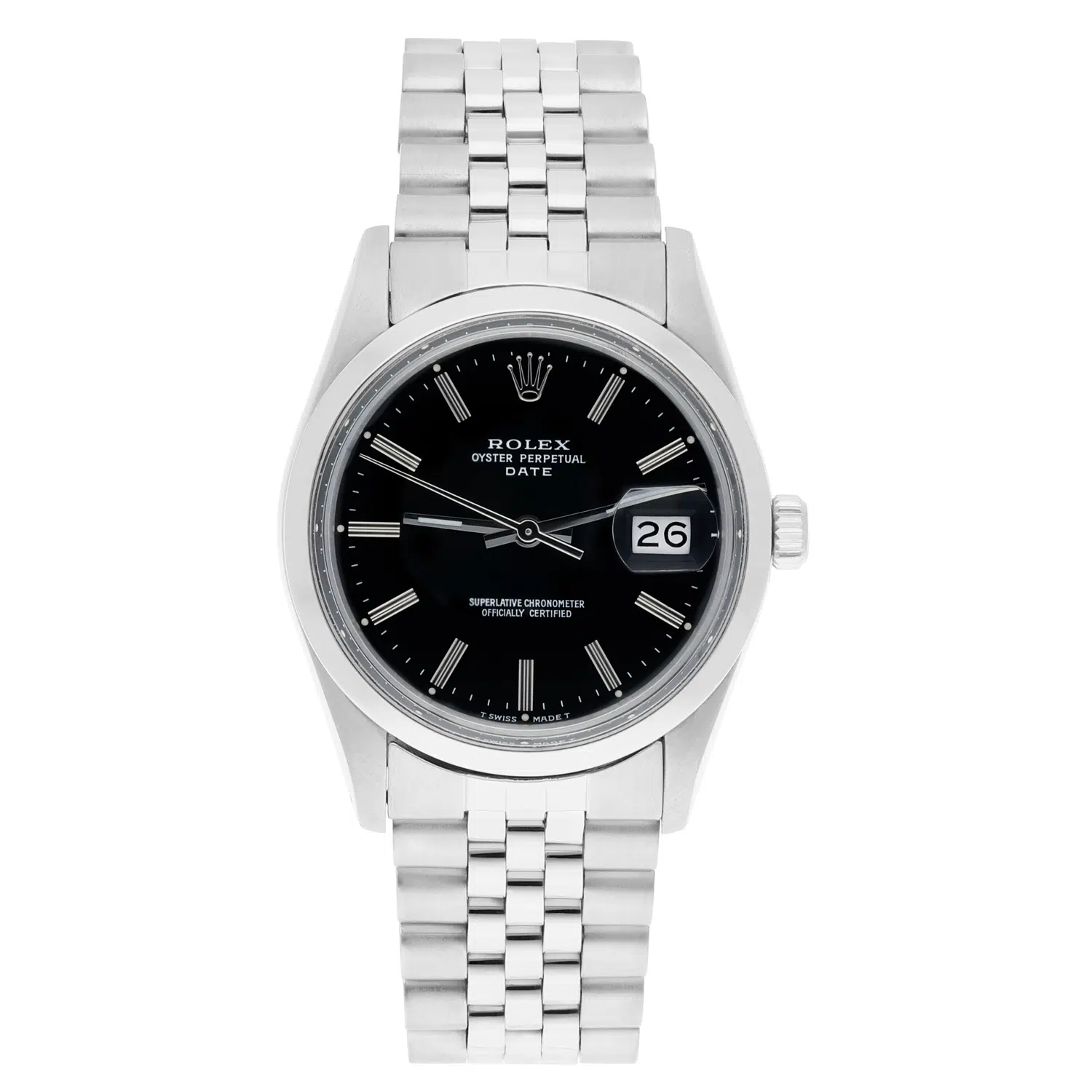 Rolex Oyster Perpetual Date Stainless Steel Watch Jubilee Band Black Index Dial 15000