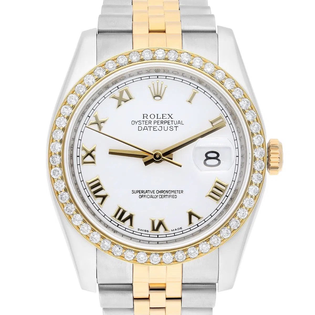 Rolex Datejust 36 Gold/Steel 116233 Diamond Bezel White Roman Dial Jubilee Band Watch