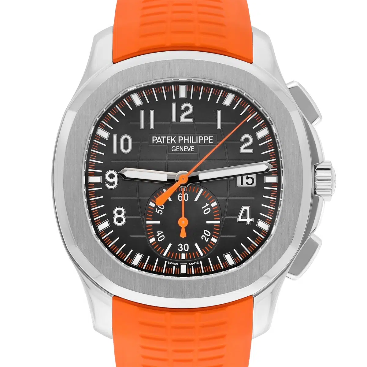 Patek Philippe Aquanaut 5968A chronograph black dial, orange strap, dial detail