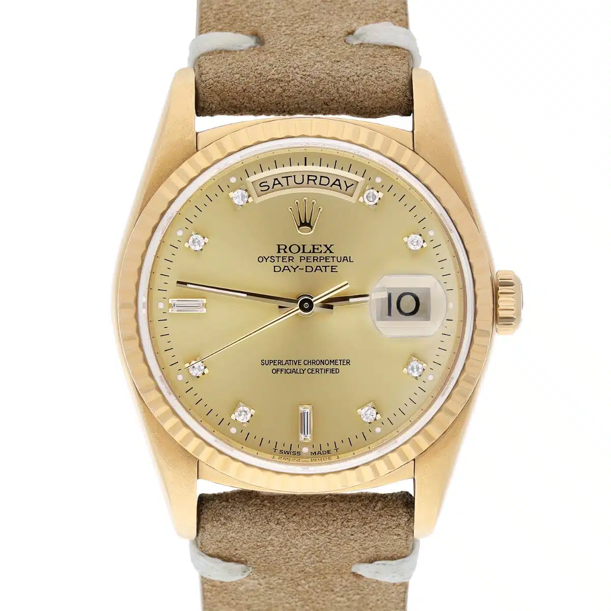 Rolex Day-Date 36mm 18238 18K Yellow Gold Watch Fluted Bezel Champagne Diamond