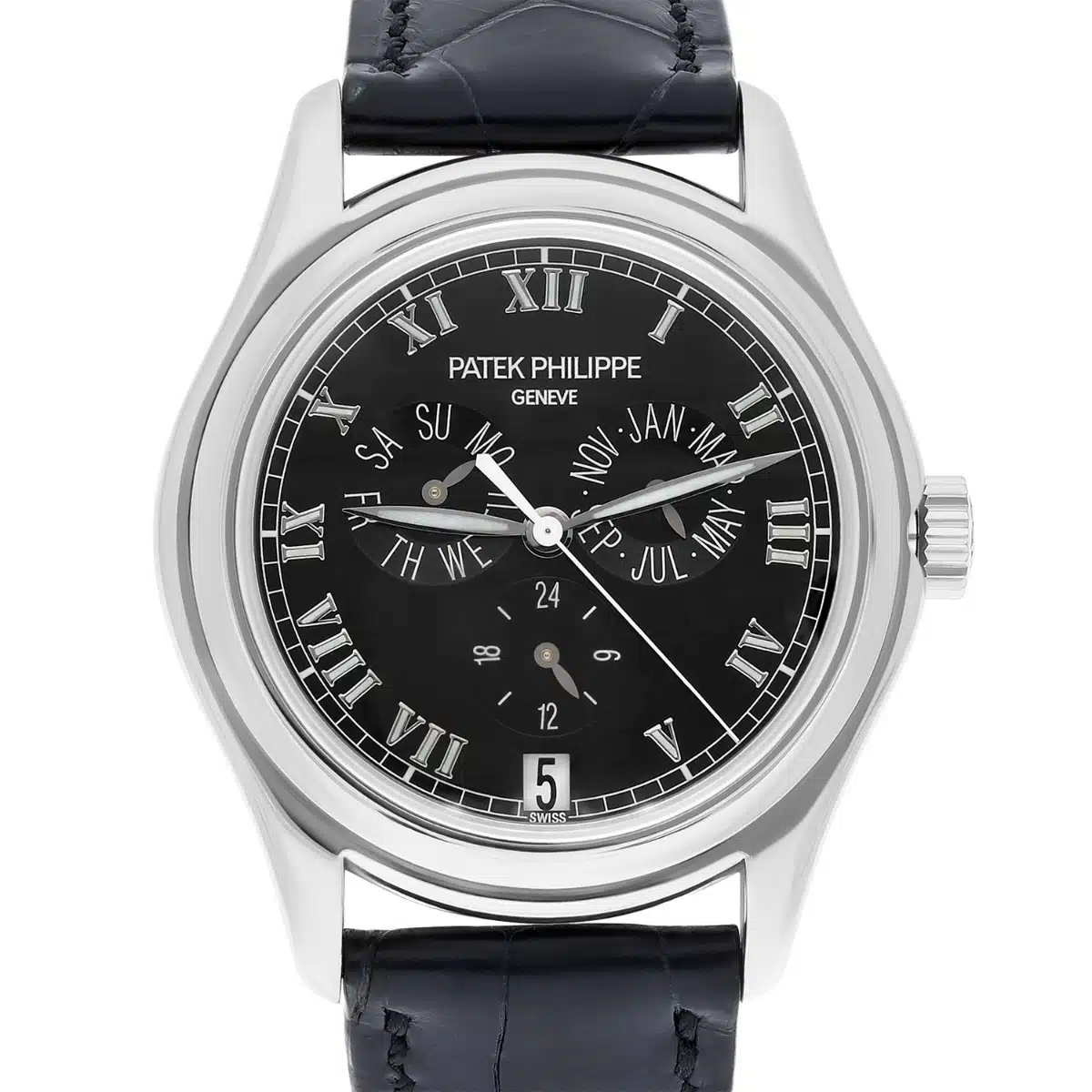 Patek Philippe Complications Annual Calendar white gold watch, black dial detail