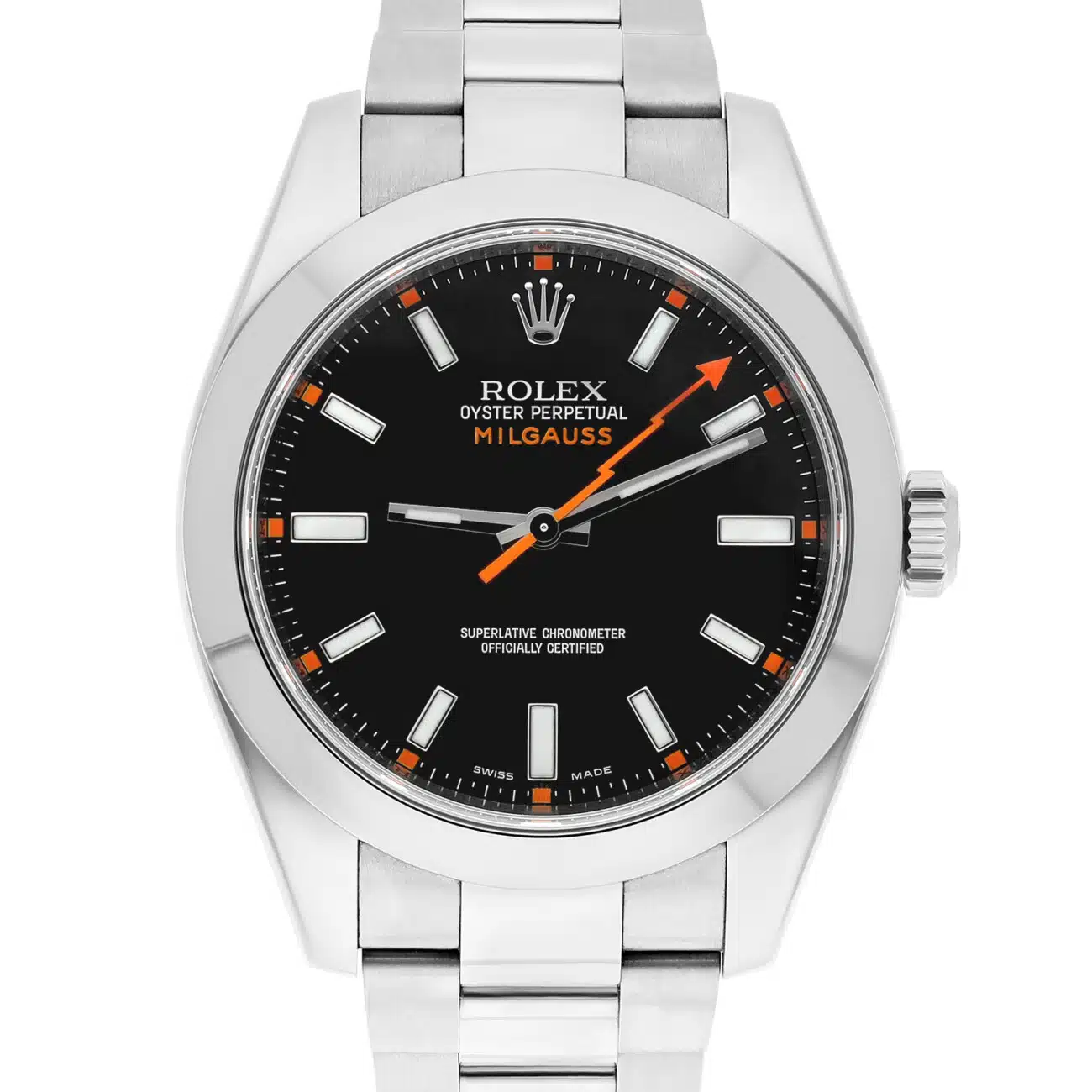 Rolex Milgauss 116400 40mm Stainless Steel Orange Hand Black Dial