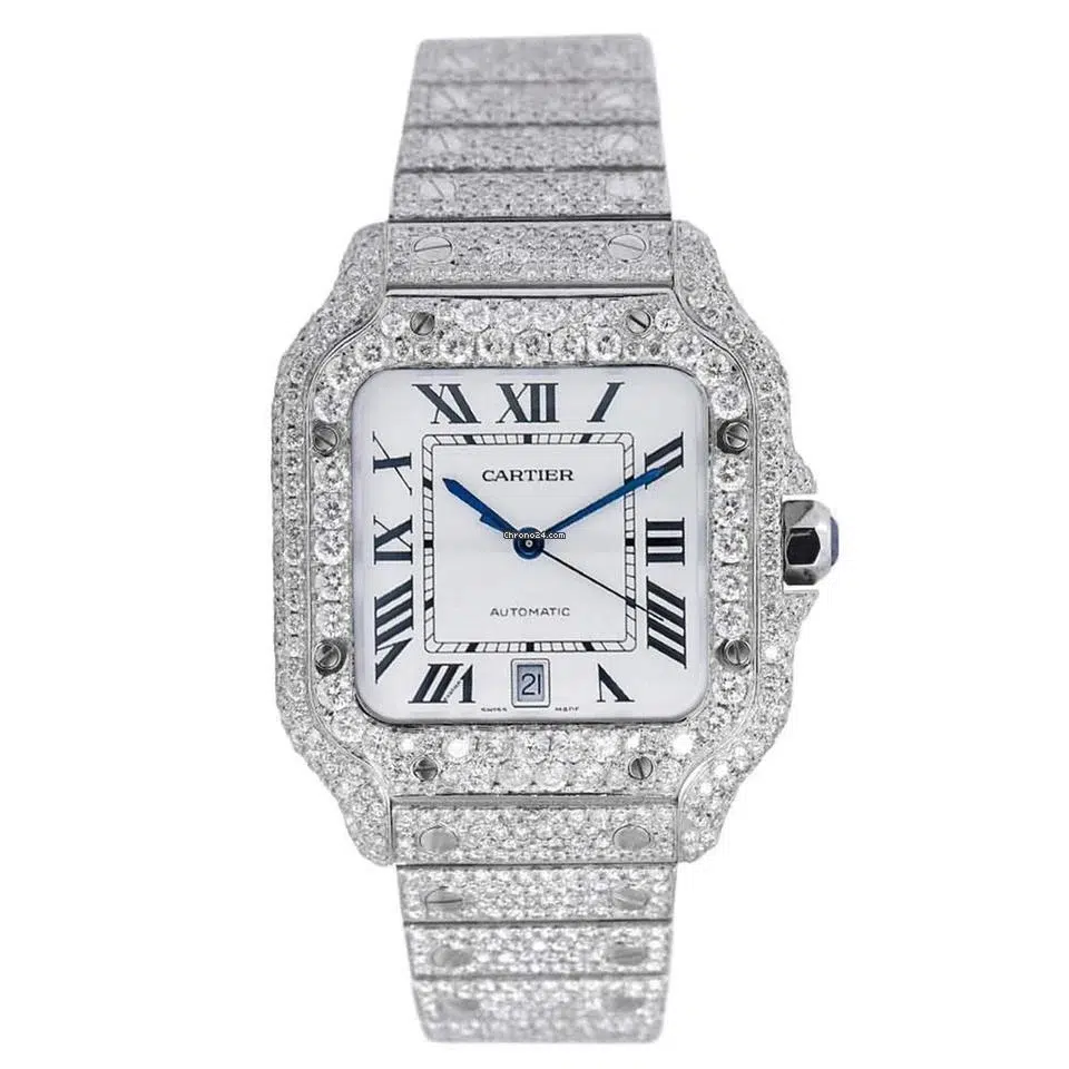 Cartier Santos Large Stainless Steel Watch with Custom Diamonds Factory White Roman Numeral Dial
