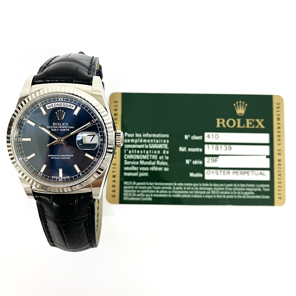 Rolex Day-Date 36mm White Gold Fluted Bezel 118139 Blue Leather Strap Watch 2014