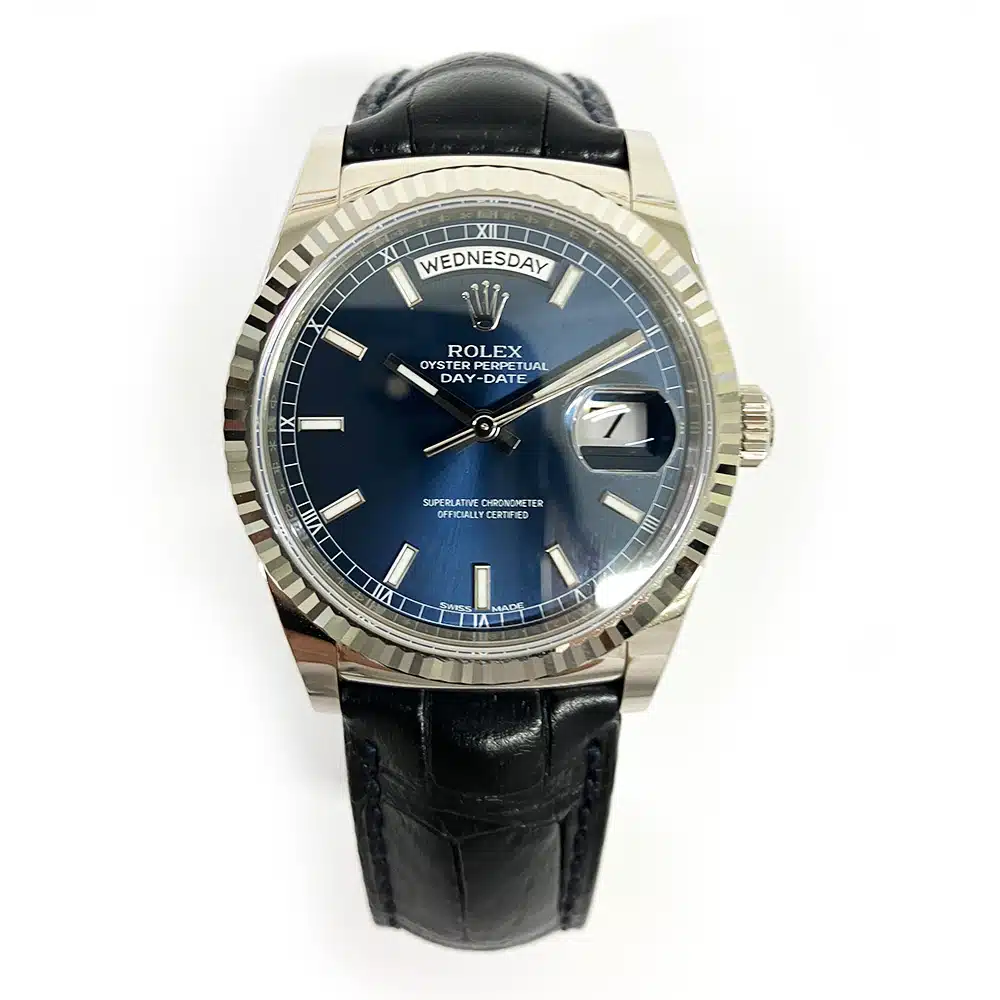 Rolex Day-Date 36mm White Gold Fluted Bezel 118139 Blue Leather Strap Watch 2014 – image 2