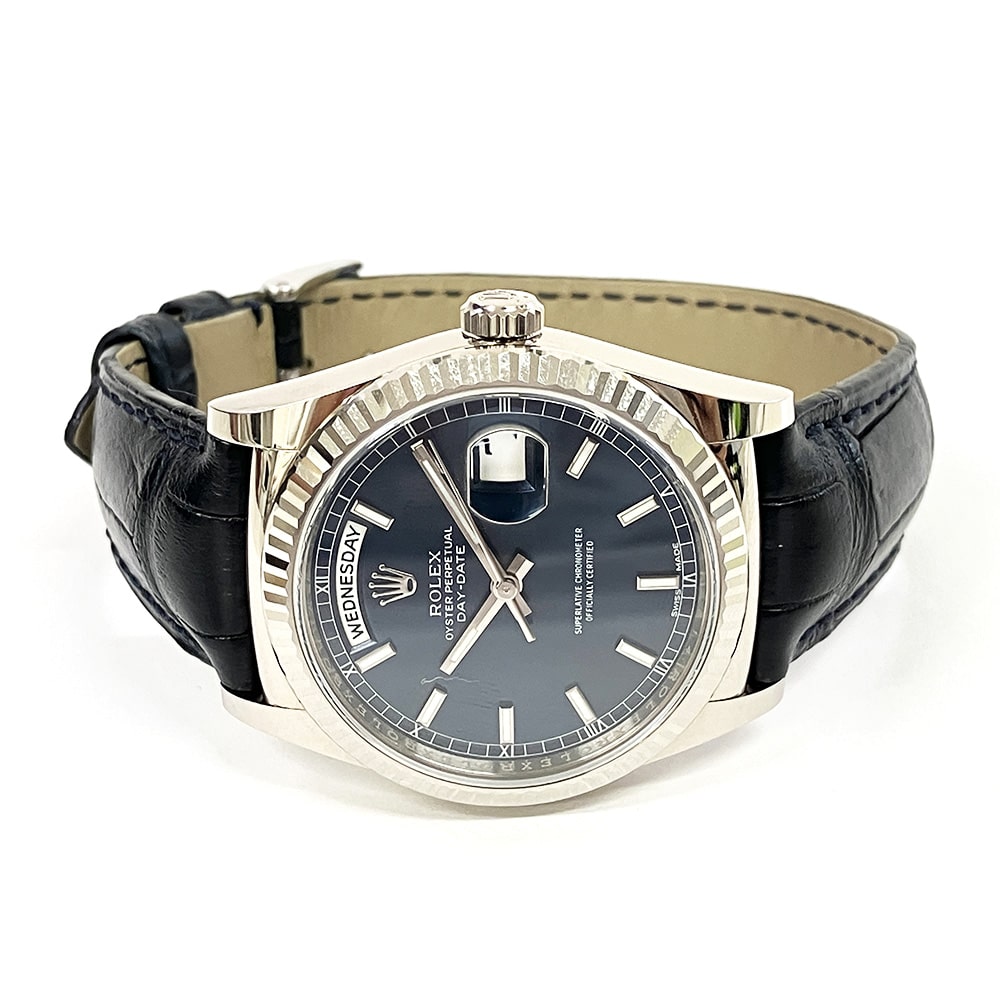 Rolex Day-Date 36mm White Gold Fluted Bezel 118139 Blue Leather Strap Watch 2014