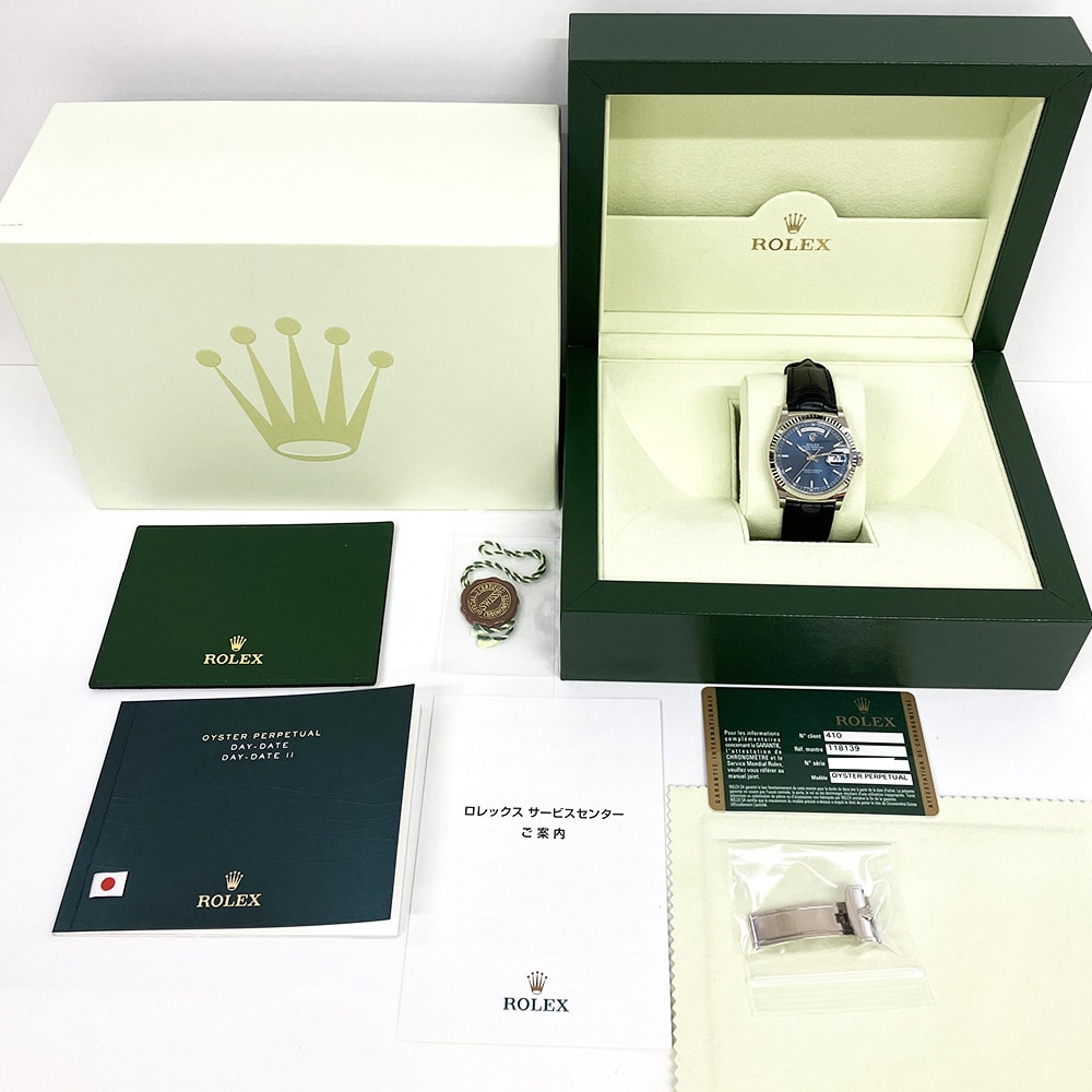 Rolex Day-Date 36mm White Gold Fluted Bezel 118139 Blue Leather Strap Watch 2014