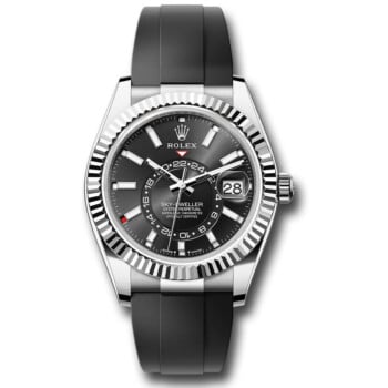 Rolex White Gold Sky-Dweller 336239-0002 Fluted Bezel Black Index Dial Oysterflex Strap